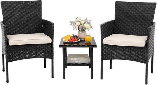 NChanmar 3 Pieces Patio Furniture Outdoor Bistro Set Outdoor&Indoor Conversation Set Coffee Table Chairs Set for 2 with Water-Resistant Cushions for Lawn Yard Garden Porch Balcony and Pool,Black