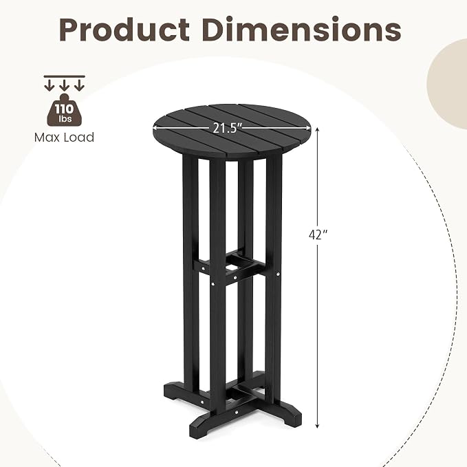 Tangkula 21.5" Round Bar Table, Patio HDPE Bar Height Dining Table w/Slatted Tabletop, Outdoor All-Weather High-Top Bistro Table for Poolside, Backyard, Balcony (Black)