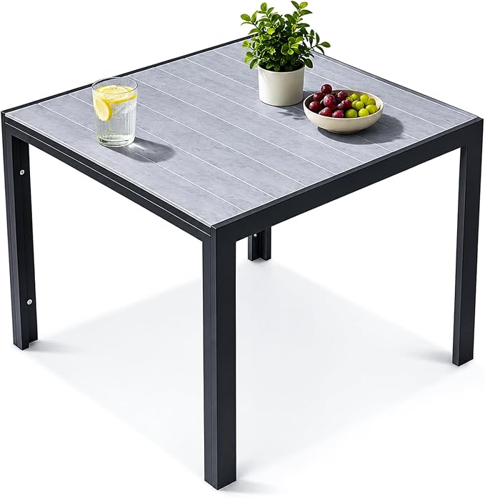 ALBAD 36" Square Outdoor Dining Table for 4 Peolpe, Wood Grain Top | Waterproof HDPE tabletop on powder-coated aluminum frame. all-weather patio table for garden, backyard, deck & porch.
