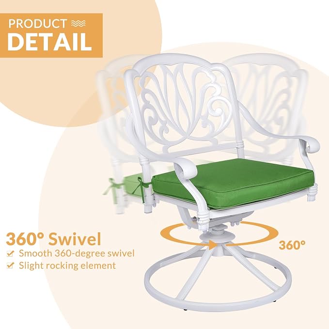 7-Piece Outdoor Patio Dining Set, 60” Rectangular Cast Aluminum Dining Table with Umbrella Hole and 6 Cushioned Swivel Rocker Chairs, Patio Funiture Set for Backyard, Patio, Garden, White