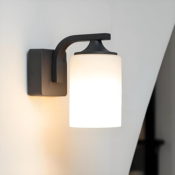 Outdoor Wall Lamp, Waterproof and Anti-Rust Aluminium Modern wall Light Fixture Milk Glass Indoor for Outside,Garden, Matt Black
