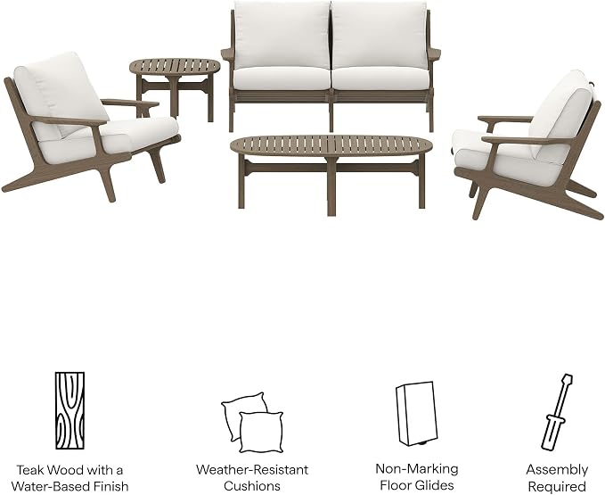 Modway Saratoga 5-Piece Teak Wood Outdoor Furniture Set in Weathered Gray White - Patio Conversation Set with Loveseat, 2 Armchairs, Side Table and Coffee Table