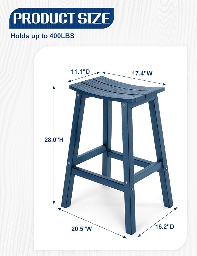 Weatherproof Bar Stools Set of 4, 28" Height Outdoor Bar Stools Holds up to 400 lbs, Saddle Seat, Bar Height Stools for Patio, Garden, and Kitchen Island, Blue