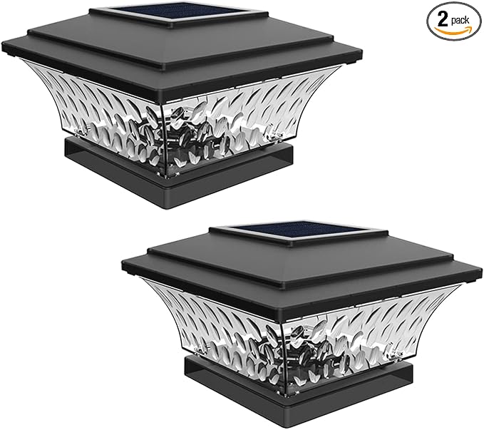 HUYIENO Solar Post Cap Lights Outdoor LED Lighting Deck Fence Cap Light Two Light Modes Warm White/Bright White Suitable for 4x4 Wooden Posts Black 2PK