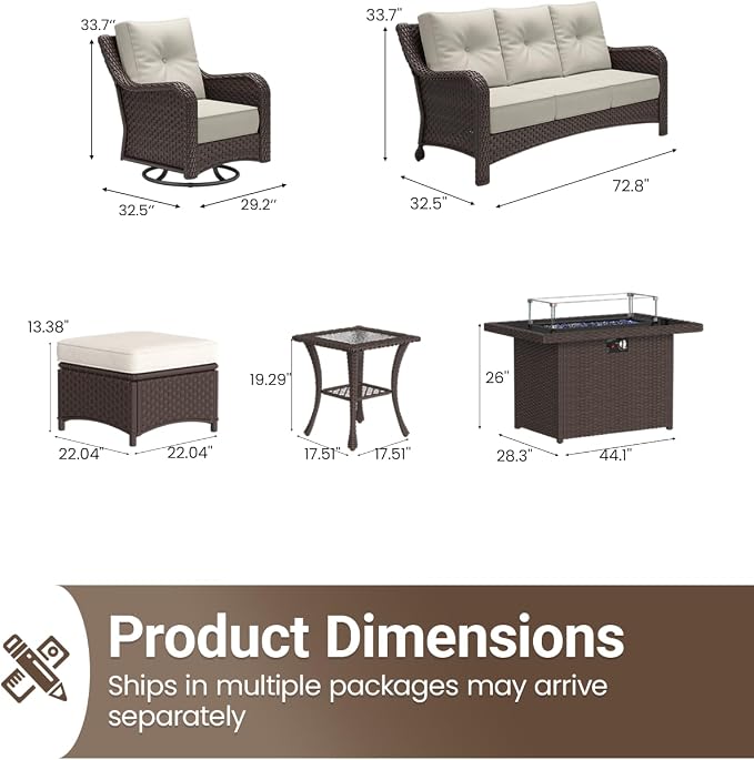 7 Pieces Outdoor Furniture Set with 6-inch Cushions, High Back Wicker Swivel Rocker Chairs with Fire Pit Table, Luxury Conversation Set for Deck Patio and Poolside