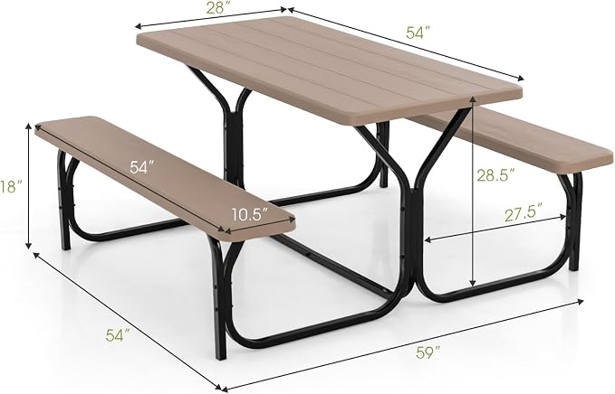 LDAILY Picnic Tables, Rectangular Picnic Table with Steel Frame, 2 Benches Set, HDPE Tabletop, Plastic Picnic Table for Outdoor, Camping, Patio, Lawn, Yard, Picnic Parties (Wood Color)