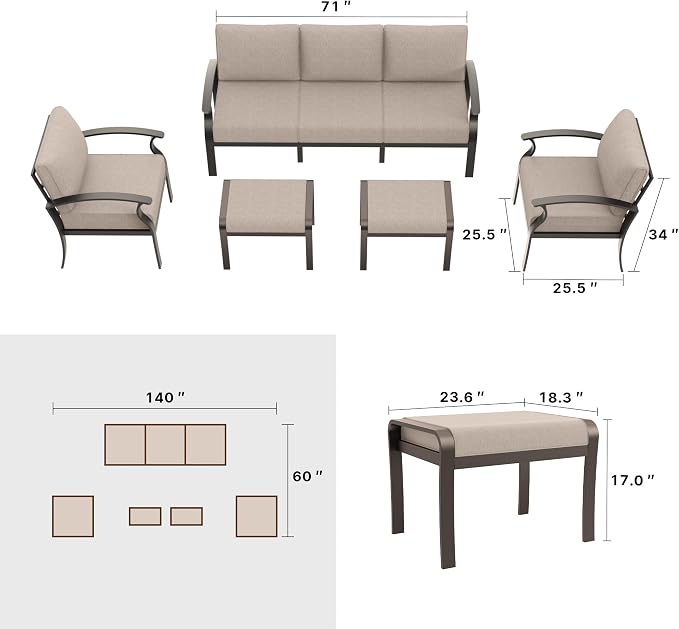 Gotland Aluminum Patio Furniture Set, Metal Outdoor Furniture with 2 Ottomans 5.1’’ High-Resilience Seat Cushions, 5 Piece Patio Set, Oversized Outdoor Sectional Patio Conversation Sets, Khaki