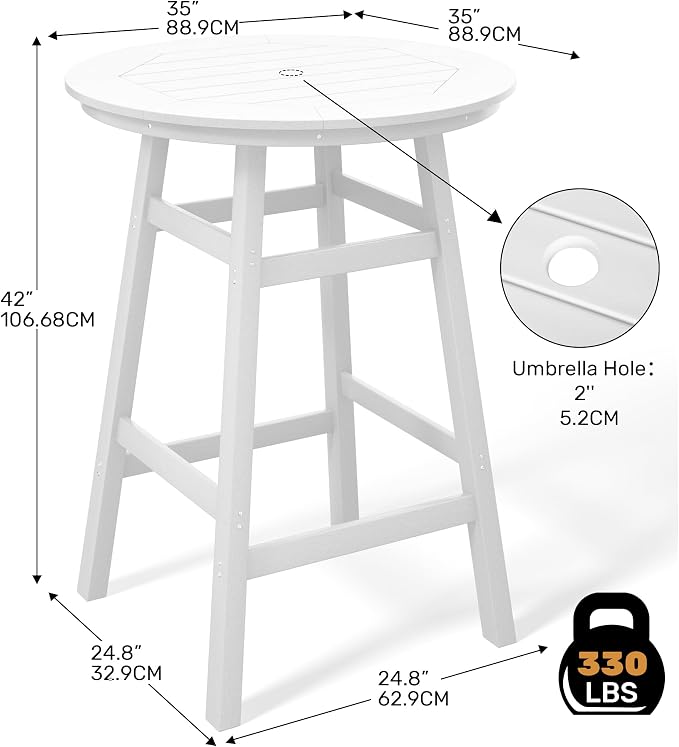 Costaelm Patio Bistro Table, 42" Counter Height Round Patio Cocktail Bar Table with Umbrella Hole, Outdoor Bistro Dining Pub Table for Front Porch Deck Backyard Garden, White
