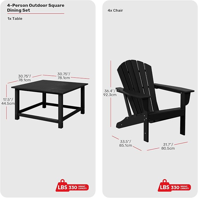 Costaelm Patio Conversation Set, Patio Chairs Set of 5 Balcony Firepit Furniture Outdoor Adirondack Square Table and Chair Backyard Furniture Set for Lawn Porch Pool Garden, Black