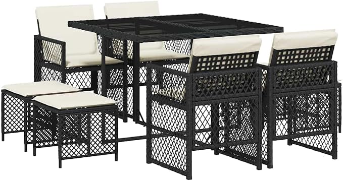 9 Piece Garden Dining Set, Outdoor PE Rattan Dining Furniture with Tempered Glass Tabletop and Cushions, 8 Person Patio Table Set for Backyard Terrace, Black and Cream
