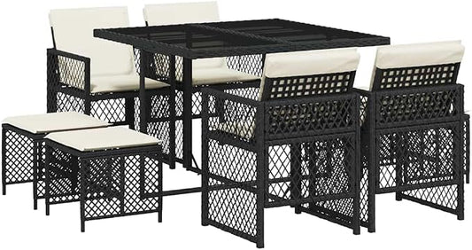 9 Piece Garden Dining Set, Outdoor PE Rattan Dining Furniture with Tempered Glass Tabletop and Cushions, 8 Person Patio Table Set for Backyard Terrace, Black and Cream