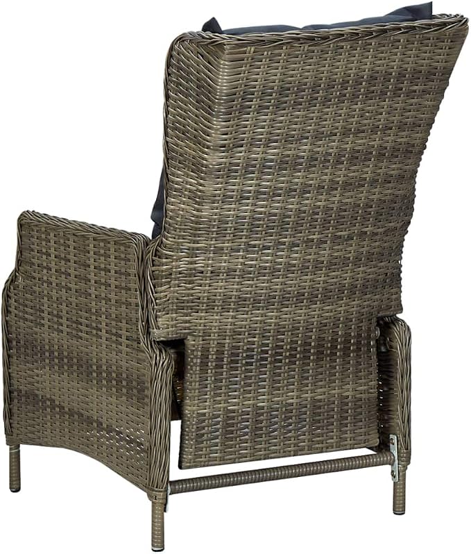 7 Piece Outdoor Patio Dining Set with Cushions, Brown Poly Rattan Wicker Furniture with 6 Reclining Chairs and Glass Table, Adjustable Backrest Garden Porch Balcony Conversation Set for Backyard