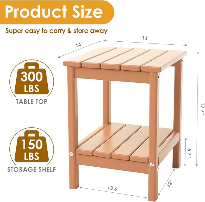IVY&LANE Adirondack Outdoor Side Table | HDPE Plastic | Patio End Tables with Storage | 2-Shelf | Weather Resistant | Teak | 14 x 13 Inches | for Outside Porch Deck Backyard Indoor
