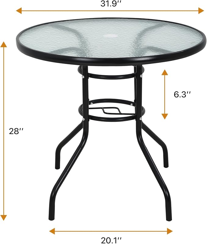Dkeli Outdoor Table 31.9 Round Bistro Table with Umbrella Hole Tempered Glass Metal Patio Table for Outside,Indoor,Poach, Black