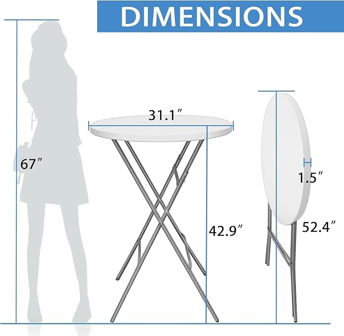 32in Cocktail Table, Plastic Folding Round High Top Indoor Outdoor Use, Foldable Bar Height Table for Parties and Commercial Events (White, 2 Pcs)