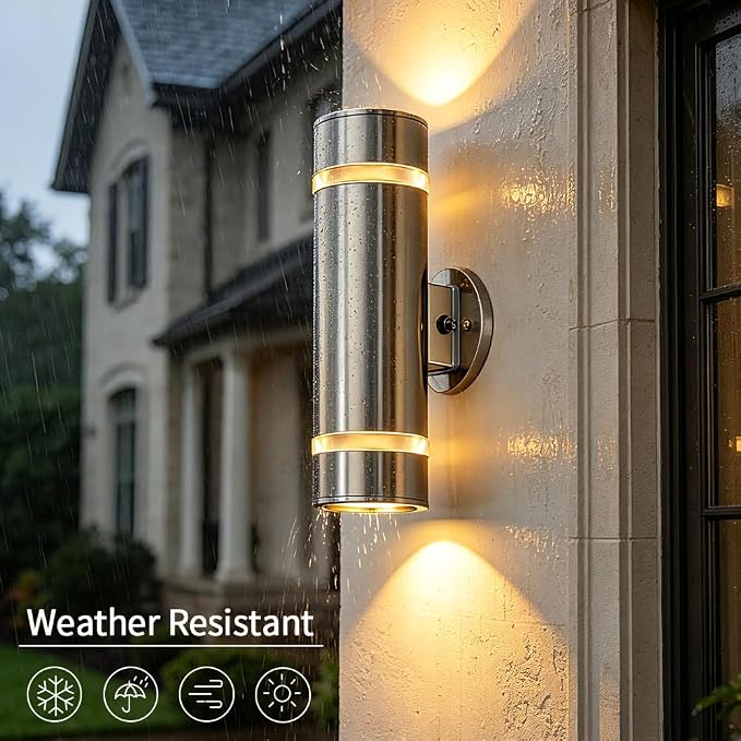 13" Stainless Steel Cylinder Dusk to Dawn Outdoor Wall Sconce | E26 Base,UL listed,Brushed Nickel Up and Down Lights Outdoor Exterior Lighting Fixture for House Garage Patio Porch Garden