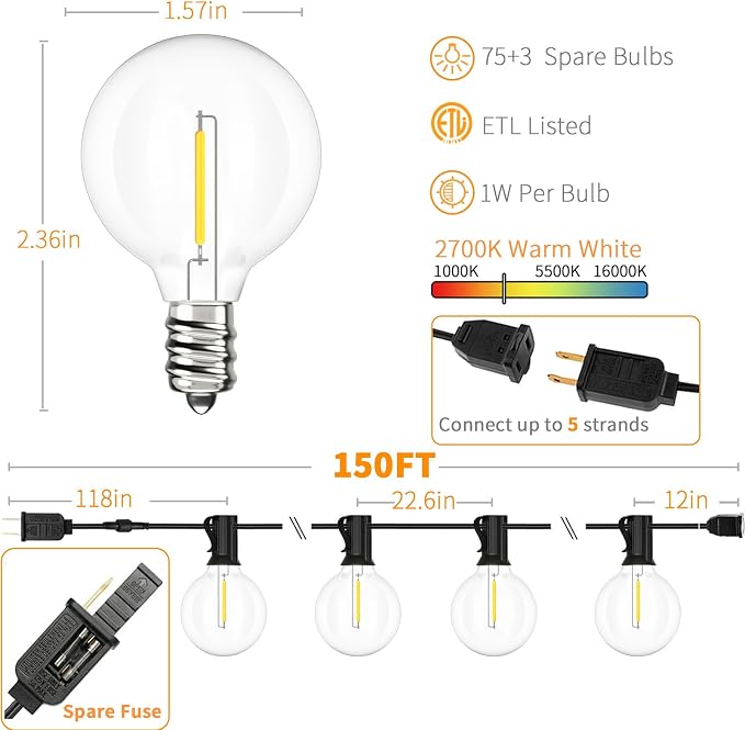 Svater Outdoor String Lights 150 FT Waterproof Outside Patio Light 78 Bulbs | Shatterproof G40 LED Edison Bulbs, Plug-In, Dimmable, Connectable, Outside Light for Bistro Cafe Backyard Porch Party Decor