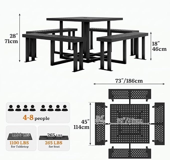 DWVO 38" Square Metal Picnic Table with Umbrella Hole - Heavy Duty Q235 Carbon Steel Outdoor Table Set for Patio, Backyard, and Lawn - Industrial Steel Construction
