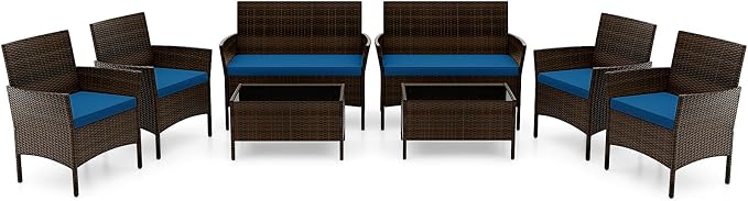 RELAX4LIFE 8-Piece Patio Furniture Set - Rattan Outdoor Conversation Bistro Set w/Cushions, Glass Coffee Table, Wicker Chairs & Loveseat for Garden Backyard Porch, Balcony Furniture Set (2, Peacock)