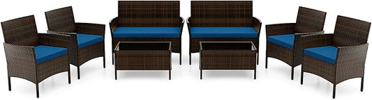 RELAX4LIFE 8-Piece Patio Furniture Set - Rattan Outdoor Conversation Bistro Set w/Cushions, Glass Coffee Table, Wicker Chairs & Loveseat for Garden Backyard Porch, Balcony Furniture Set (2, Peacock)