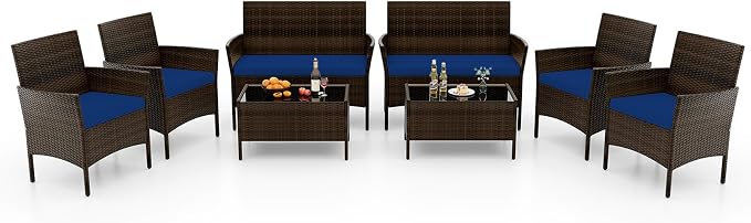 RELAX4LIFE 8-Piece Patio Furniture Set - Rattan Outdoor Conversation Bistro Set w/Cushions, Glass Coffee Table, Wicker Chairs & Loveseat for Garden Backyard Porch, Balcony Furniture Set (2, Navy)