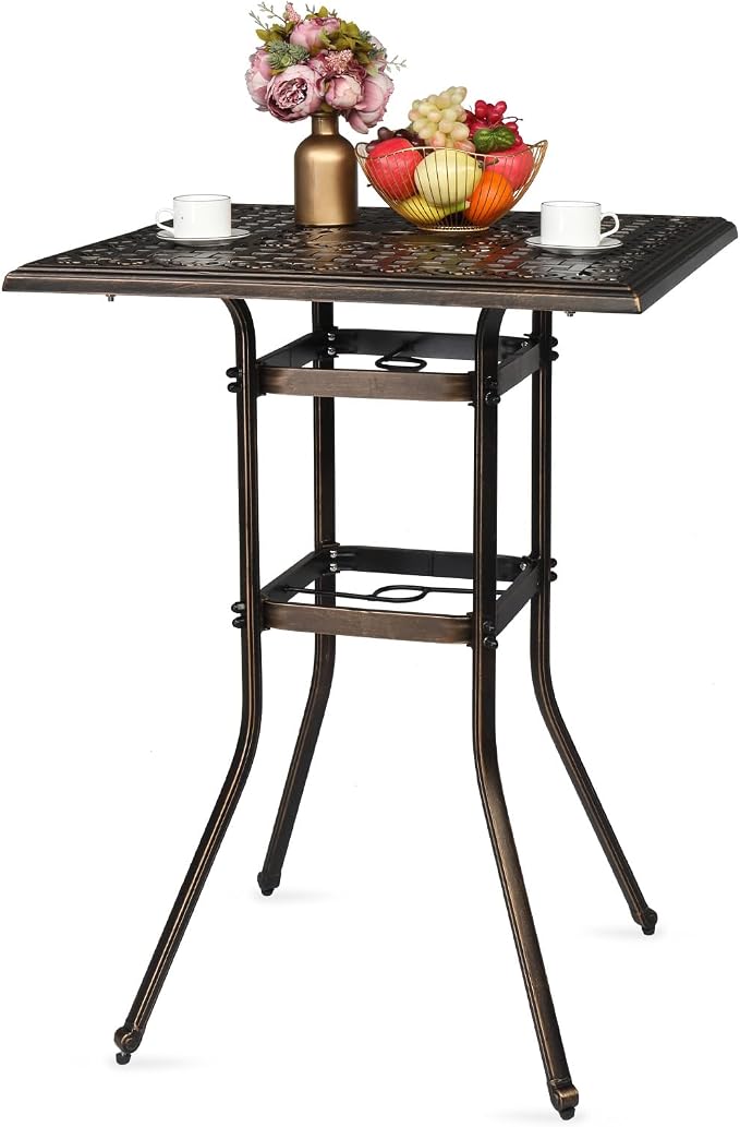 VINGLI Outdoor Bar Table, Sqaure Bar Height Patio Table with Umbrella Hole, Cast Aluminum Tall Outdoor Table Bistro Table Outdoor Furniture Garden Table