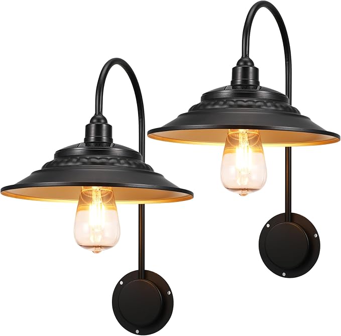 Solar Barn Lights Upgrade, 2PCS Waterproof Wall Light Fixture, Rustic Vintage Metal Gooseneck Solar Wall Mount Lights with Gold Interior, for Outdoor Barn Shed Garage Porch (Black)