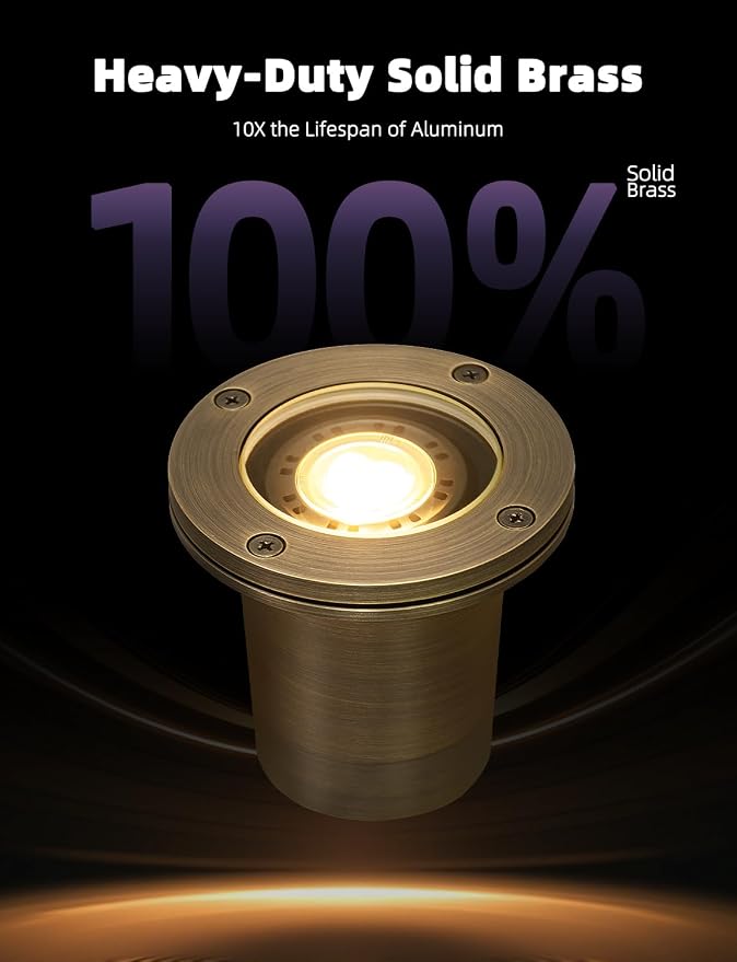 MALORY Brass Landscape Well Lights,(φ99 mm) 12V Low Voltage Outdoor In Ground Lights,Heavy Outdoor Lighting for Pathway, Driveway and Garden (Full Brass -01A, 4-Pack with Bulb)