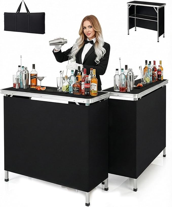 Outvita Portable Bar Table, 2pcs Outdoor Folding Mobile Bar Counter with 2 Tier Shelves and Black Skirt for Wedding Party Birthday Commercial Activity Musical Festival 39 "L x 34" H