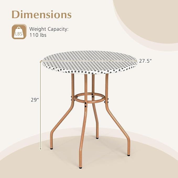HAPPYGRILL Outdoor Bistro Table, 27.5” Round Patio Table with Hand-Woven PE Rattan Tabletop and Metal Frame, for Garden Backyard Porch Balcony