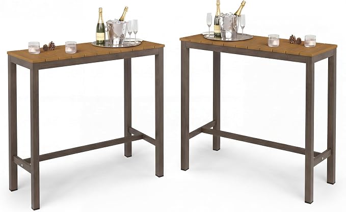 Cozyman Outdoor Bar Table Set of 2, 38" Patio Bar Height Counter Table, Weather Resistant, Waterproof HDPS Slatted Top Console Table for Hot Tub, Balcony, Yard, Indoor or Outdoor Use, Teak