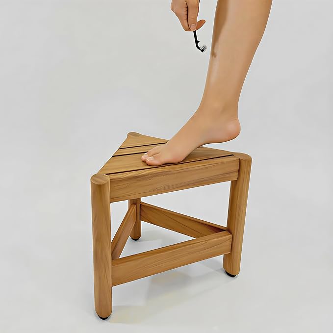Asta Select Solid Teak Corner Shower/Bath/Outdoor Corner Foot Stool, Teak Wood Shaving Foot Rest, Teak Wood Shower Corner Table, Teak Accent Table, ST-50