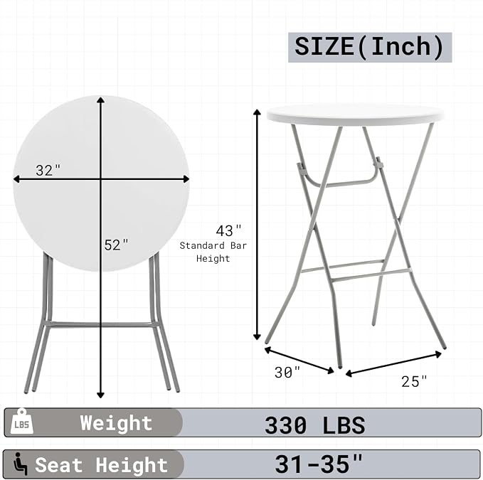 BTEXPERT White 2.63 Ft 32in Round Plastic Bar Height Folding Table 330lb Weight Capacity Indoor Outdoor Accessory for Patio Backyard Dining Wedding Standing Party Events Home, Thick Top Metal Frame