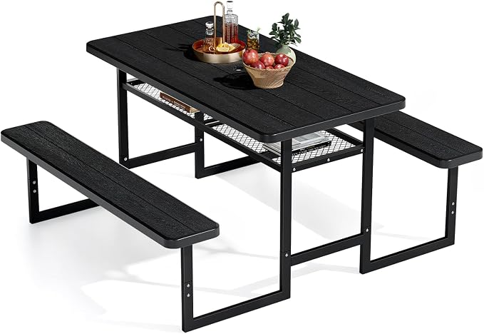 VINGLI Outdoor Picnic Table with Storage Shelf & Umbrella Hole, 4.5FT All Weather Metal Frame HDPE Tabletop Plastic Picnic Table for Dining Party Garden(Black)
