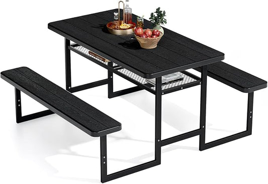 VINGLI Outdoor Picnic Table with Storage Shelf & Umbrella Hole, 4.5FT All Weather Metal Frame HDPE Tabletop Plastic Picnic Table for Dining Party Garden(Black)