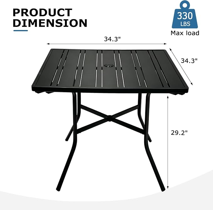 Black Outdoor Square Metal Table with Umbrella Hole, Patio Dinner Table for 4, All-Weather Outdoor Steel Dining Table for Deck, Porch, Backyard