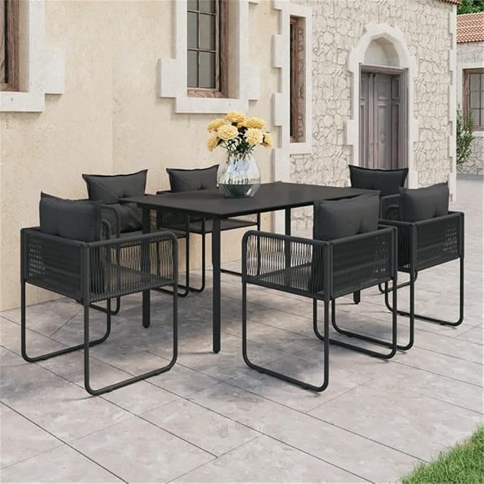 Afuera Living 7-Piece Foldable Garden Dining Set, PVC Rattan, Black Finish, Rectangular Table with 6 Chairs, Weatherproof UV Resistant Materials, Removable Cushions, Modern Outdoor Patio or Backyard