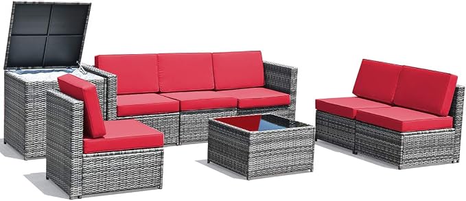 RELAX4LIFE 8-Piece Patio Furniture Set - PE Wicker Conversation Set w/Soft Cushions & Tempered Glass Storage Table, Outdoor Sectional Sofa Set for Garden, Poolside, Backyard (Red)