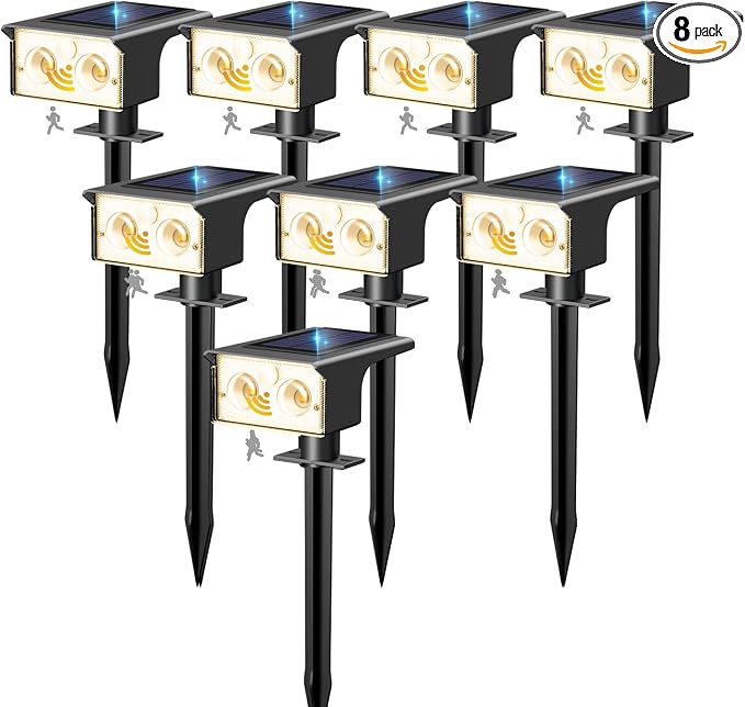 btfarm 8 Pack Solar Lights Outdoor Waterproof, Motion Sensor Outdoor Lights | 3 Modes Solar Powered Yard Garden Solar Spot Lights for Outside Pathway Landscape Lighting, Warm White