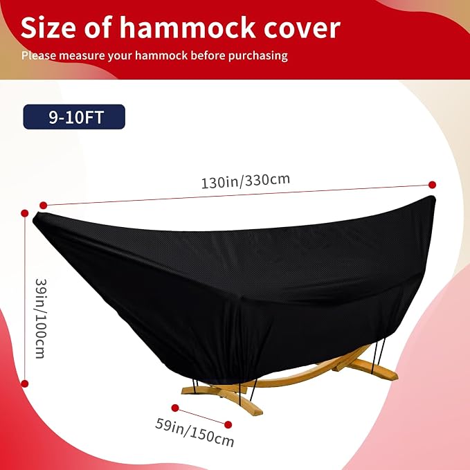 Waterproof Hammock Cover for 10-15FT Hammock Stand,Outdoor Hammocks Covers with Zip and Elastic Ropes,Windproof Hammocks Cover for Outside,420D Heavy Duty Oxford (Black,9-10foot)