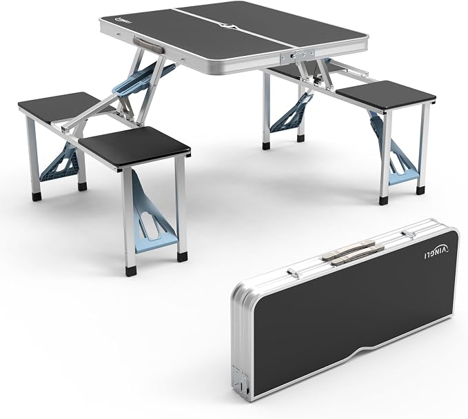 VINGLI 4Ft Portable Folding Picnic Table Camping Table Foldable Set with 4 Seats with Umbrella Hole Suitcase Card Table-220 Lbs Support Aluminum Frame, Plastic RV Tabletop for Yard, Travel-Blue