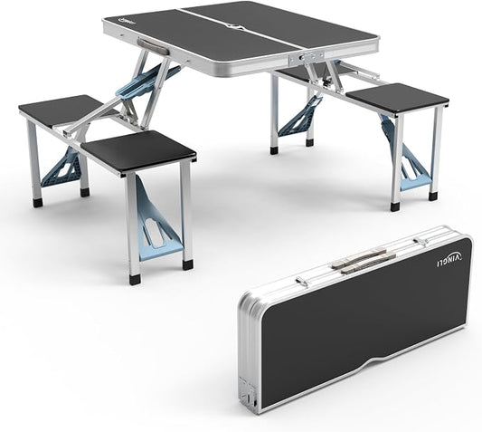 VINGLI 4Ft Portable Folding Picnic Table Camping Table Foldable Set with 4 Seats with Umbrella Hole Suitcase Card Table-220 Lbs Support Aluminum Frame, Plastic RV Tabletop for Yard, Travel-Blue