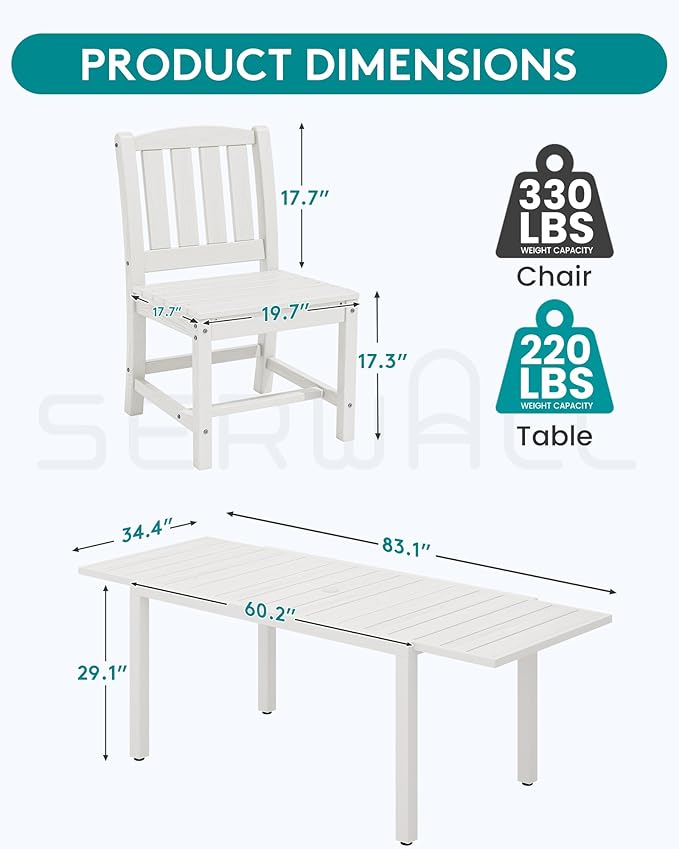 SERWALL Outdoor Patio Dining Set for 8, White | 60" - 83" Expandable Outdoor Dining Table and 8 HDPE Chairs, All Weather Material Outdoor Furniture Set Backyard, Garden