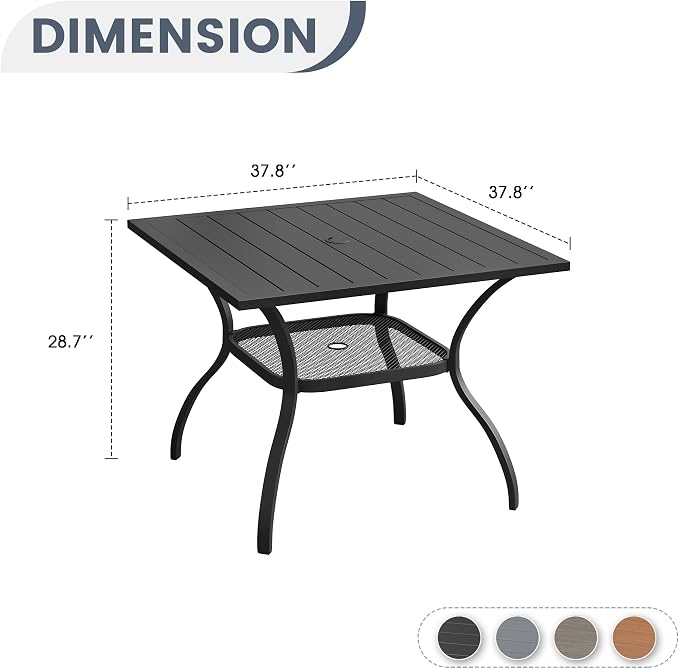 VICLLAX Outdoor Patio Dining Table for 4, Square Metal Table with Umbrella Hole and Storage Shelf for Garden, Lawn, Balcony, Deck, Black