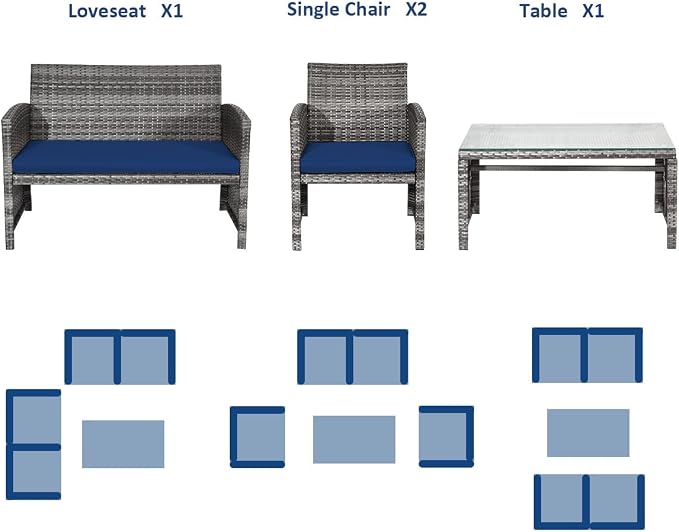 Outdoor Conversation Set, 4 Pieces Wicker Patio Furniture Set with Ergonomic Curved Design, Patio Chair Set with Water-resistant Cushion & Tempered Glass Table for Balcony,Porch(Navy Blue)