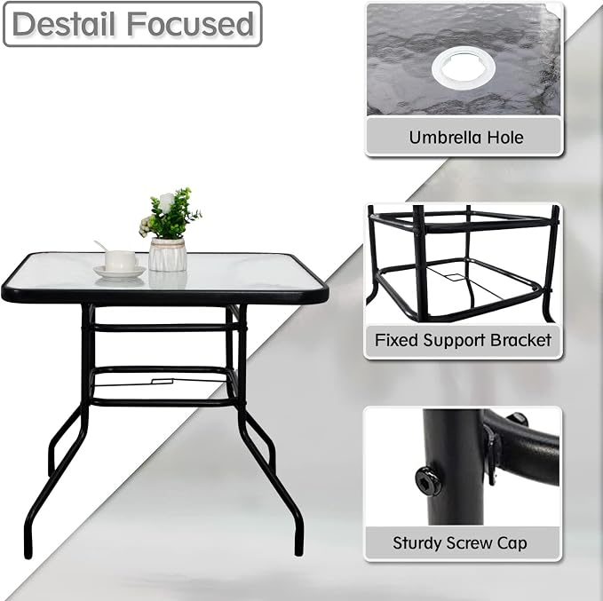 DIMAR GARDEN 32" Outdoor Coffee Table with Umbrella Hole, Patio Square Side Bistro Table with Glass Top, Black