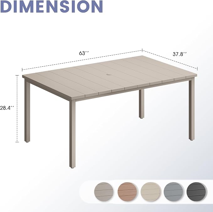 VICLLAX Outdoor Table for 6, Metal Patio Dining Table with Umbrella Hole for Garden Lawn Deck Backyard, Sandshell Tabletop