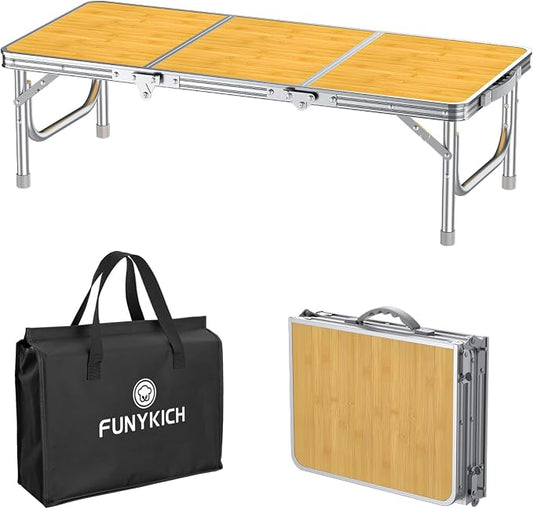 FUNYKICH 3ft Low Folding Camping Table with Carry Bag, 34.2'' Lx15.7'' W Portable Picnic Tables, Lightweight Thicker Aluminum Beach Table with Carry Handle for Beach, Camping, Picnic, Yellow