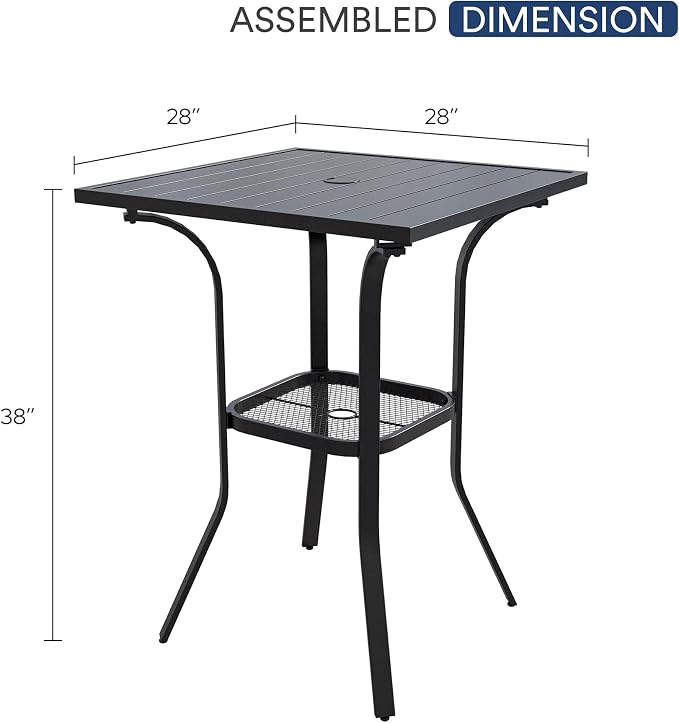 VICLLAX Outdoor Bar Table, 28" Wide Square Patio Bar Height Table Weather Resistant Metal Slatted Tabletop with Umbrella Hole for Balcony Front Porch, Backyard, Black