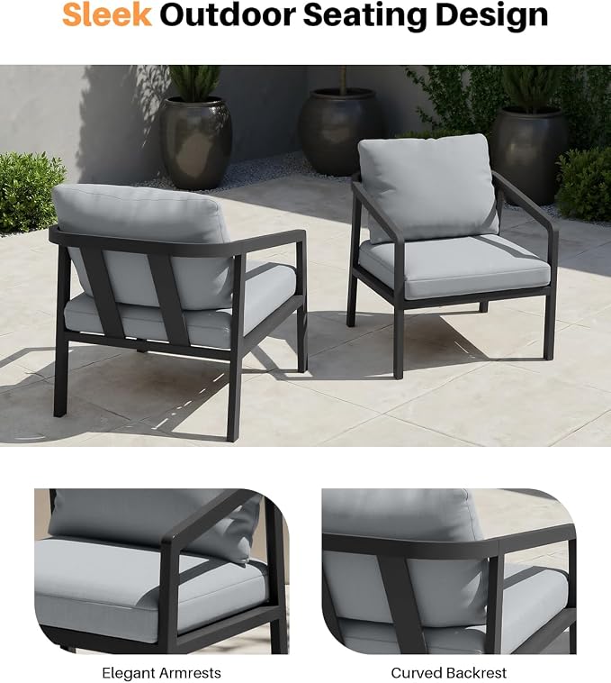 Patio Sofa Chairs Set of 2, Never-Rust Aluminum Outdoor Armchair with Removable Cushions, All Weather 2 Pieces Outdoor Club Chairs, Outdoor Sofa Chairs for Garden, Lawn, Backyard, Black